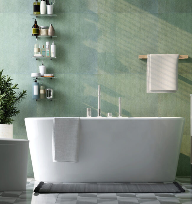 Modern and luxury design bathroom with bathtub, toilet bowl, vanity, washbasin, shelf and towel rail in sunlight from window on green granite wall and tile floor Modern and luxury design bathroom with bathtub, toilet bowl, vanity, washbasin, shelf and towel rail in sunlight from window on green granite wall and tile floor for cleaning, toiletries product display background